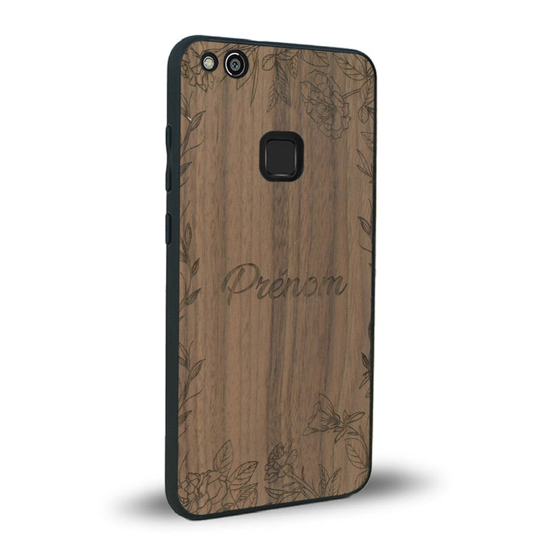 Coque de protection en bois véritable fabriquée en France pour Huawei P10 Lite sur le thème de la fête des mères avec un motif représentant des fleurs et des feuilles