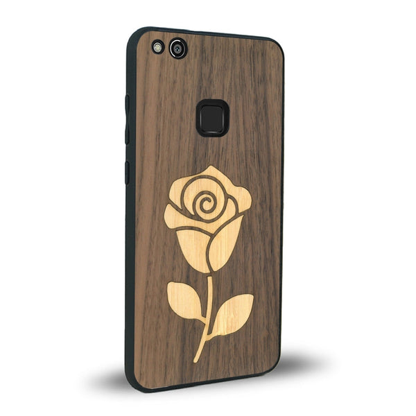 Coque de protection en bois véritable fabriquée en France pour Huawei P10 Lite alliant plusieurs essences de bois pour représenter une rose