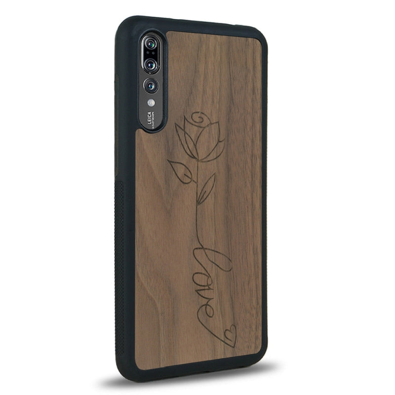 Coque de protection en bois véritable fabriquée en France pour Huawei P20 sur le thème de la fête des mères avec un motif représentant une fleur dont la tige forme le mot "love"