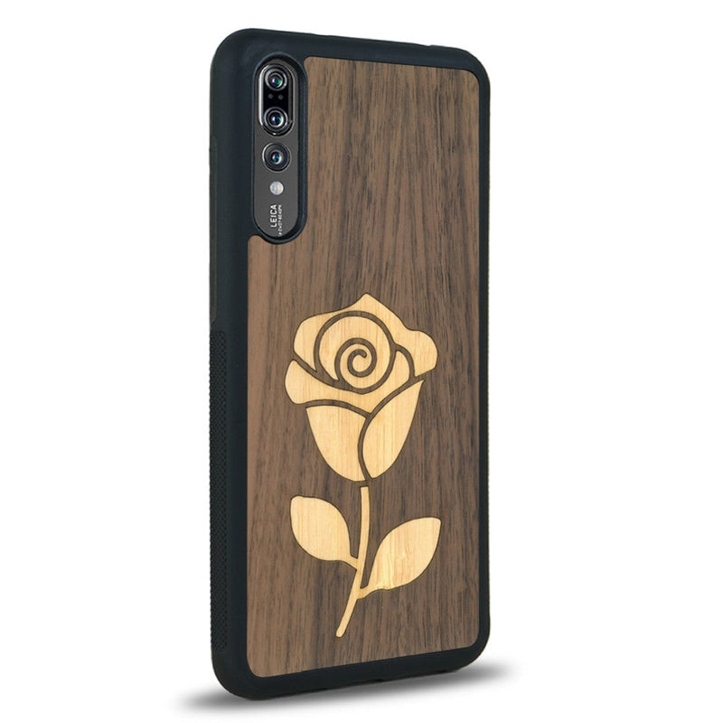 Coque de protection en bois véritable fabriquée en France pour Huawei P20 Pro alliant plusieurs essences de bois pour représenter une rose