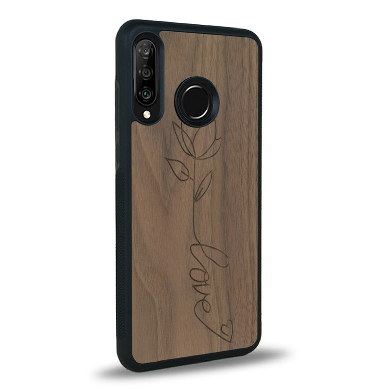 Coque de protection en bois véritable fabriquée en France pour Huawei P30 Lite sur le thème de la fête des mères avec un motif représentant une fleur dont la tige forme le mot "love"