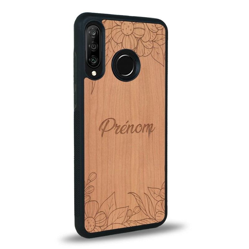 Coque de protection en bois véritable fabriquée en France pour Huawei P30 Lite sur le thème de la fête des mères avec un motif représentant des fleurs et des feuilles