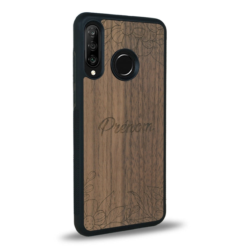 Coque de protection en bois véritable fabriquée en France pour Huawei P30 Lite sur le thème de la fête des mères avec un motif représentant des fleurs et des feuilles