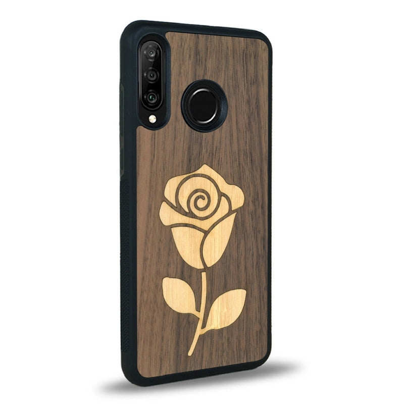 Coque de protection en bois véritable fabriquée en France pour Huawei P30 Lite alliant plusieurs essences de bois pour représenter une rose