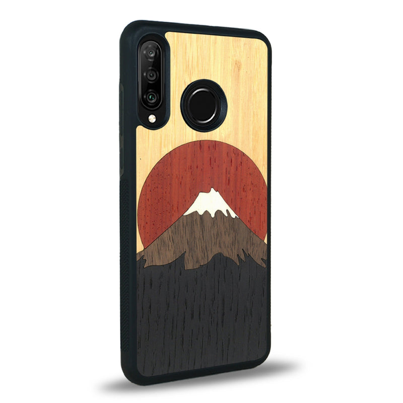 Coque de protection en bois véritable fabriquée en France pour Huawei P30 Lite alliant plusieurs essences de bois pour représenter le mont Fuji