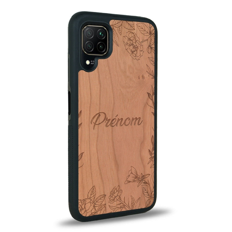 Coque de protection en bois véritable fabriquée en France pour Huawei P40 Lite sur le thème de la fête des mères avec un motif représentant des fleurs et des feuilles