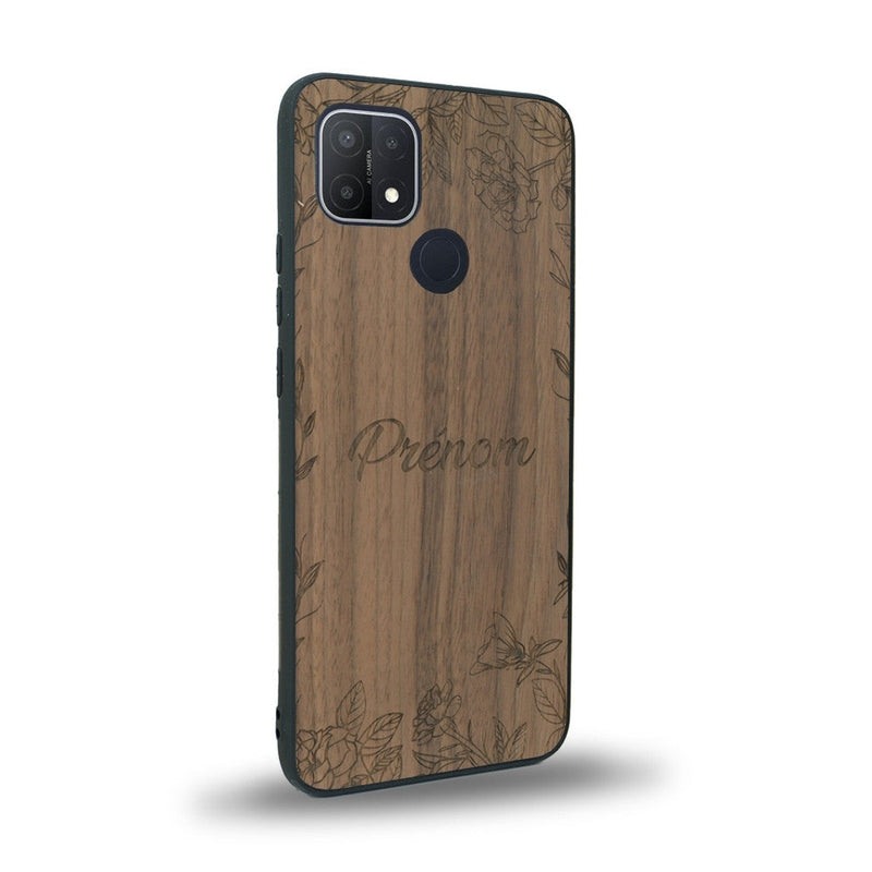 Coque de protection en bois véritable fabriquée en France pour Oppo A15 sur le thème de la fête des mères avec un motif représentant des fleurs et des feuilles