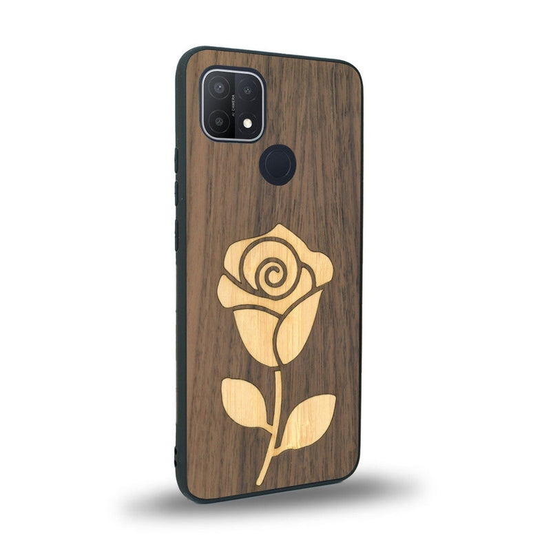 Coque de protection en bois véritable fabriquée en France pour Oppo A15 alliant plusieurs essences de bois pour représenter une rose