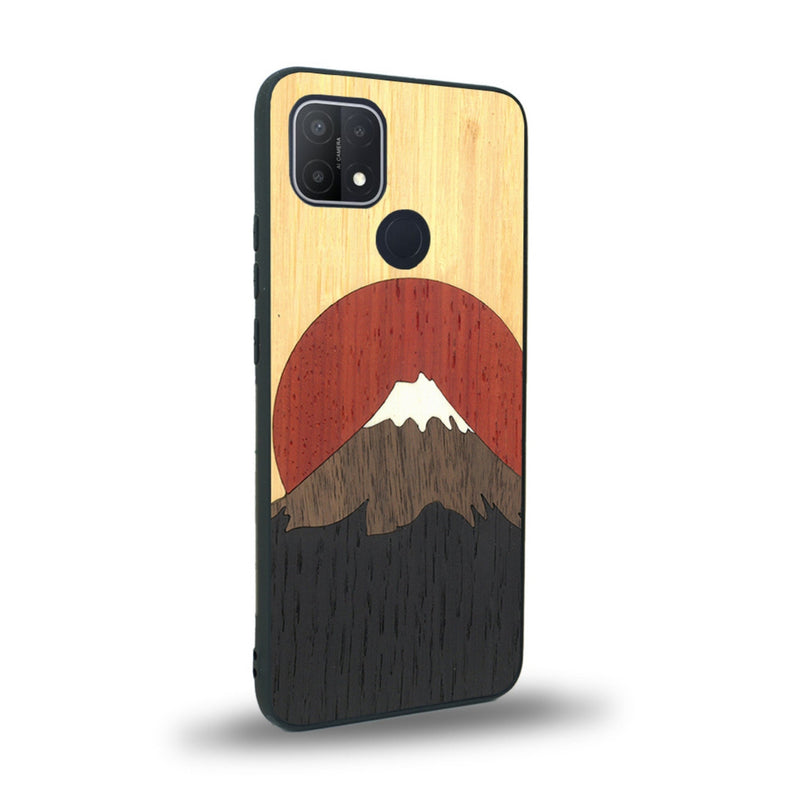 Coque de protection en bois véritable fabriquée en France pour Oppo A15 alliant plusieurs essences de bois pour représenter le mont Fuji