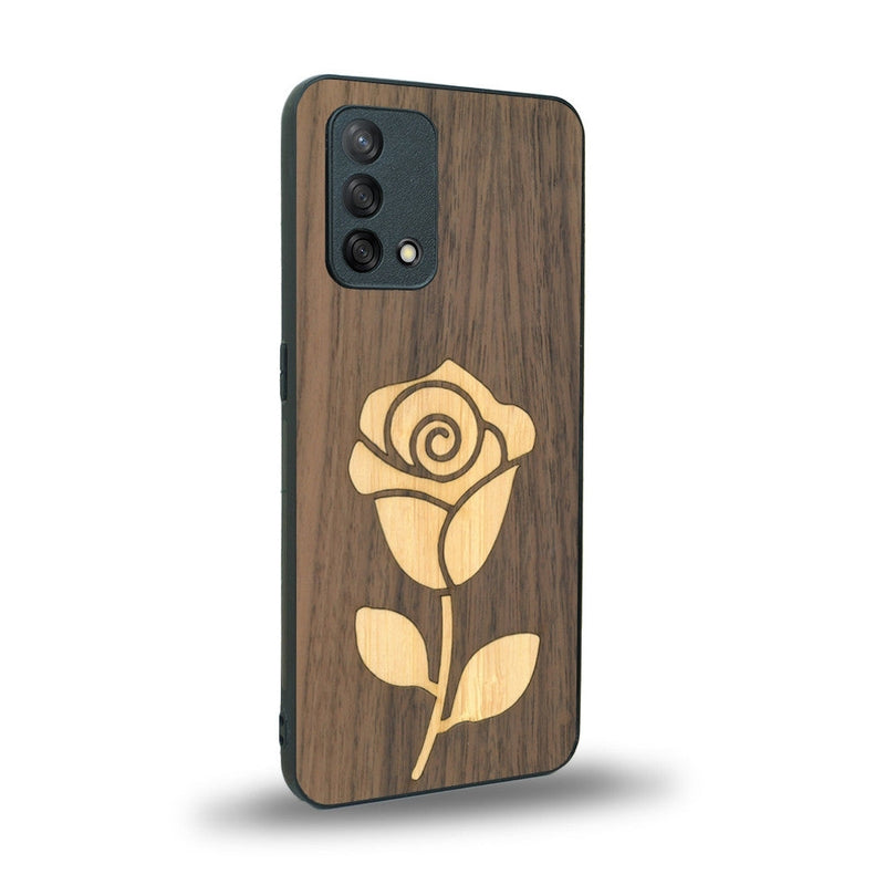 Coque de protection en bois véritable fabriquée en France pour Oppo A74 4G alliant plusieurs essences de bois pour représenter une rose