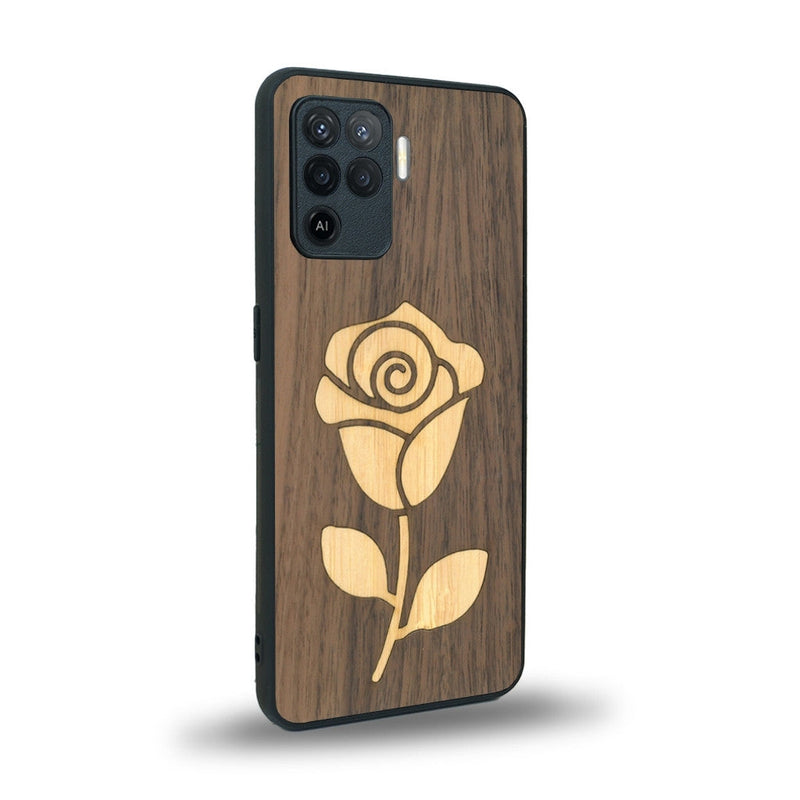 Coque de protection en bois véritable fabriquée en France pour Oppo A94 alliant plusieurs essences de bois pour représenter une rose