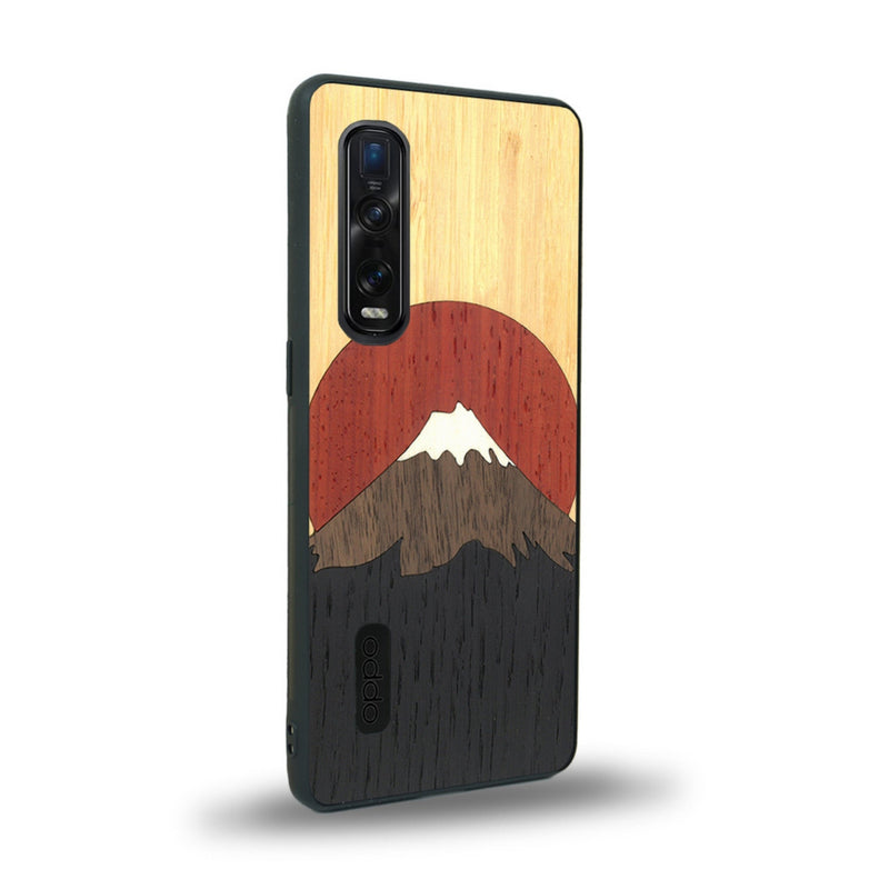 Coque de protection en bois véritable fabriquée en France pour Oppo Find X2 Pro alliant plusieurs essences de bois pour représenter le mont Fuji