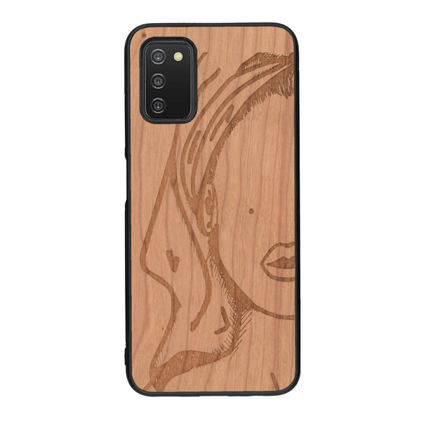 Coque de protection en bois véritable fabriquée en France pour Samsung A03S représentant une silhouette féminine épurée de type line art en collaboration avec l'artiste Maud Dabs