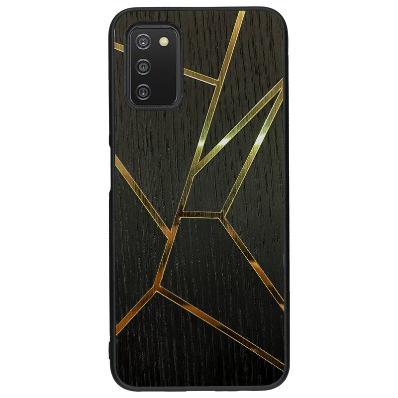 Coque de protection en bois véritable fabriquée en France pour Samsung A03S alliant plusieurs essences de bois pour représenter des fragments design