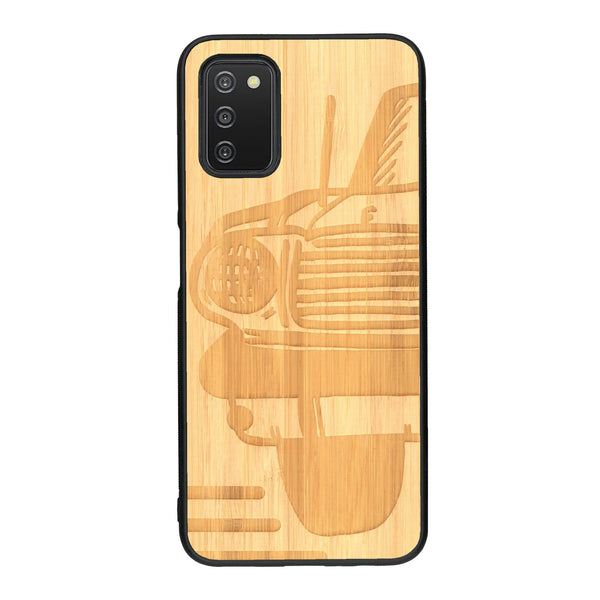 Coque de protection en bois véritable fabriquée en France pour Samsung A03S sur le thème de l'automobile avec une authentique Mustang