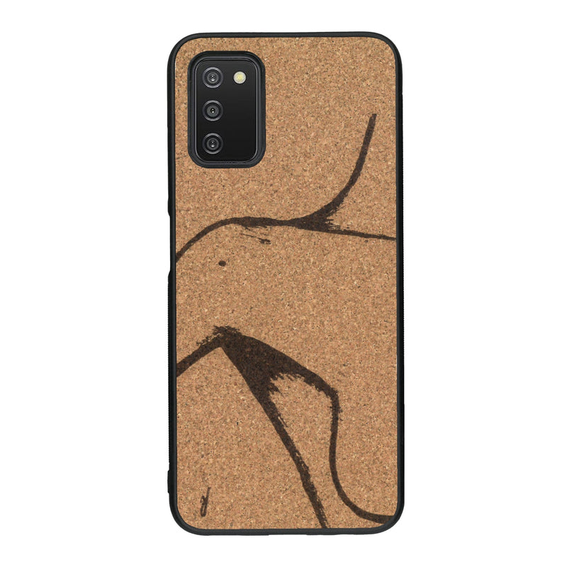 Coque de protection en bois véritable fabriquée en France pour Samsung A03S représentant une silhouette féminine dessinée à la main par l'artiste Maud Dabs