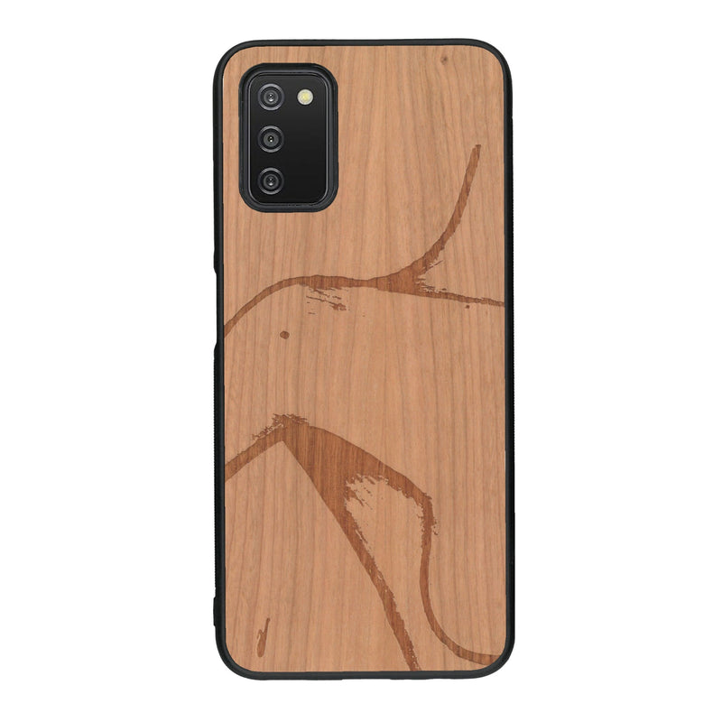 Coque de protection en bois véritable fabriquée en France pour Samsung A03S représentant une silhouette féminine dessinée à la main par l'artiste Maud Dabs