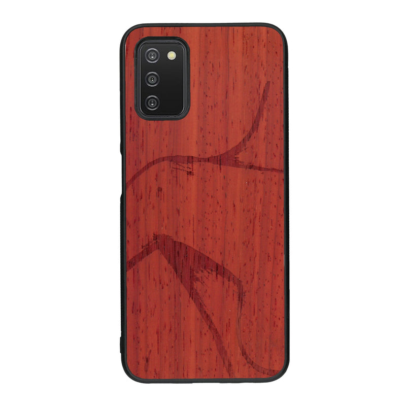 Coque de protection en bois véritable fabriquée en France pour Samsung A03S représentant une silhouette féminine dessinée à la main par l'artiste Maud Dabs