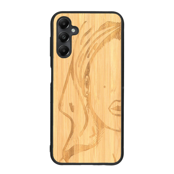 Coque de protection en bois véritable fabriquée en France pour Samsung A05S représentant une silhouette féminine épurée de type line art en collaboration avec l'artiste Maud Dabs