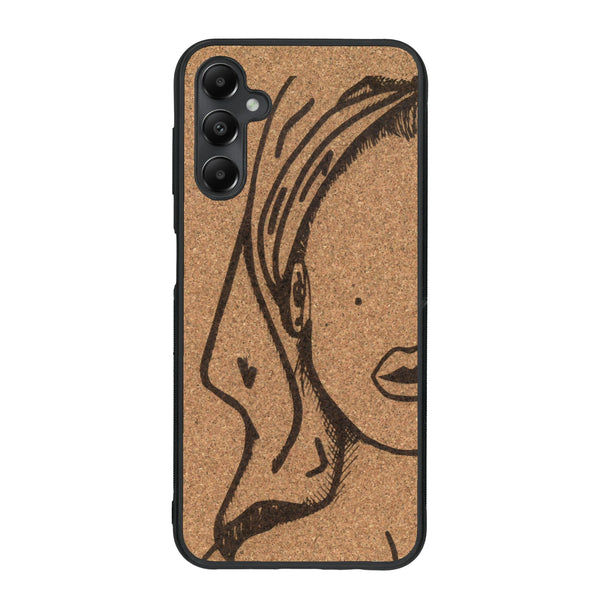 Coque de protection en bois véritable fabriquée en France pour Samsung A05S représentant une silhouette féminine épurée de type line art en collaboration avec l'artiste Maud Dabs