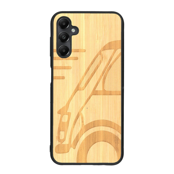 Coque de protection en bois véritable fabriquée en France pour Samsung A05S sur le thème de l'automobile avec une authentique Mini Cooper