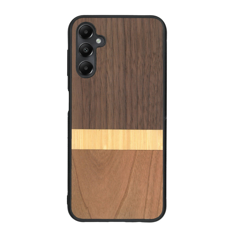 Coque de protection en bois véritable fabriquée en France pour Samsung A05S alliant des bandes horizontales de bambou, merisier et noyer