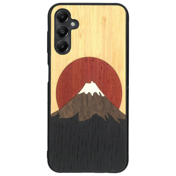 Coque de protection en bois véritable fabriquée en France pour Samsung A05S alliant plusieurs essences de bois pour représenter le mont Fuji