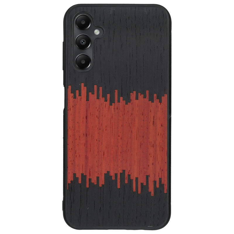 Coque de protection en bois véritable fabriquée en France pour Samsung A05S alliant plusieurs essences de bois pour représenter du magma en fusion