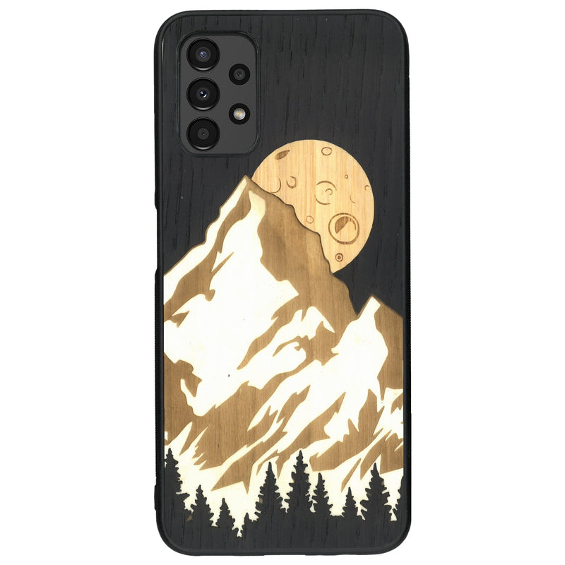 Coque de protection en bois véritable fabriquée en France pour Samsung A13 alliant plusieurs essences de bois pour représenter le mont Everest