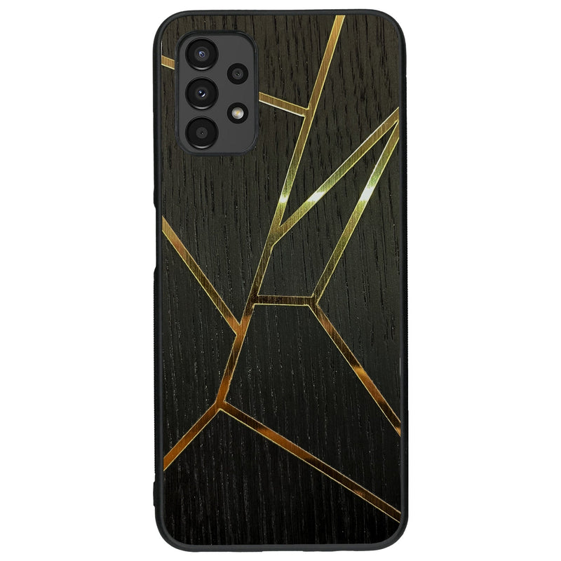 Coque de protection en bois véritable fabriquée en France pour Samsung A13 alliant plusieurs essences de bois pour représenter des fragments design