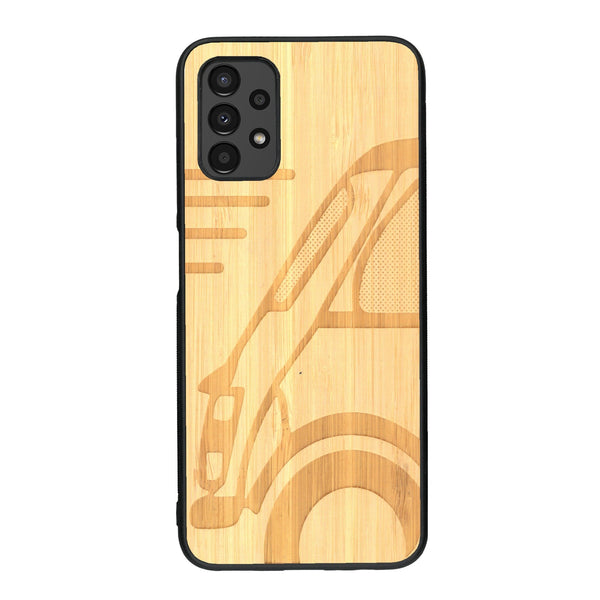 Coque de protection en bois véritable fabriquée en France pour Samsung A13 sur le thème de l'automobile avec une authentique Mini Cooper