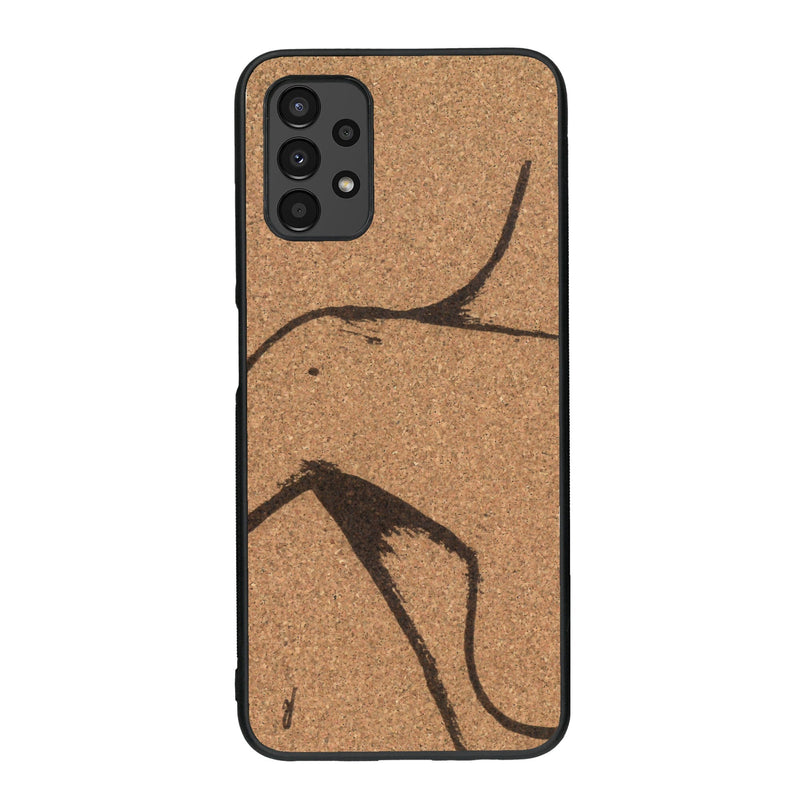 Coque de protection en bois véritable fabriquée en France pour Samsung A13 représentant une silhouette féminine dessinée à la main par l'artiste Maud Dabs