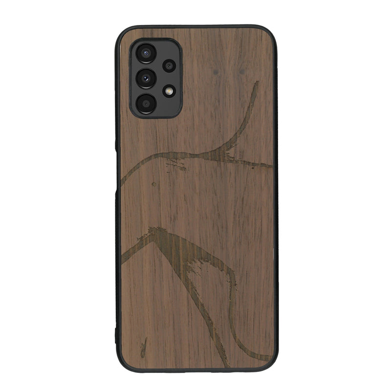 Coque de protection en bois véritable fabriquée en France pour Samsung A13 représentant une silhouette féminine dessinée à la main par l'artiste Maud Dabs