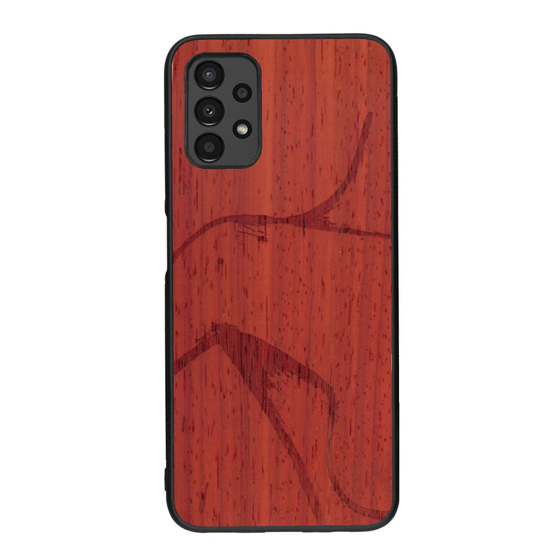 Coque de protection en bois véritable fabriquée en France pour Samsung A13 représentant une silhouette féminine dessinée à la main par l'artiste Maud Dabs