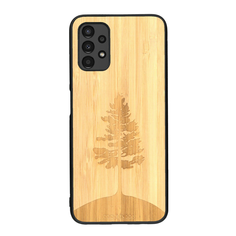 Coque de protection en bois véritable fabriquée en France pour Samsung A13 sur le thème de la nature, de la fôret et de l'écoresponsabilité avec une gravure représentant un arbre 