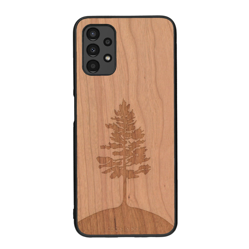 Coque de protection en bois véritable fabriquée en France pour Samsung A13 sur le thème de la nature, de la fôret et de l'écoresponsabilité avec une gravure représentant un arbre 