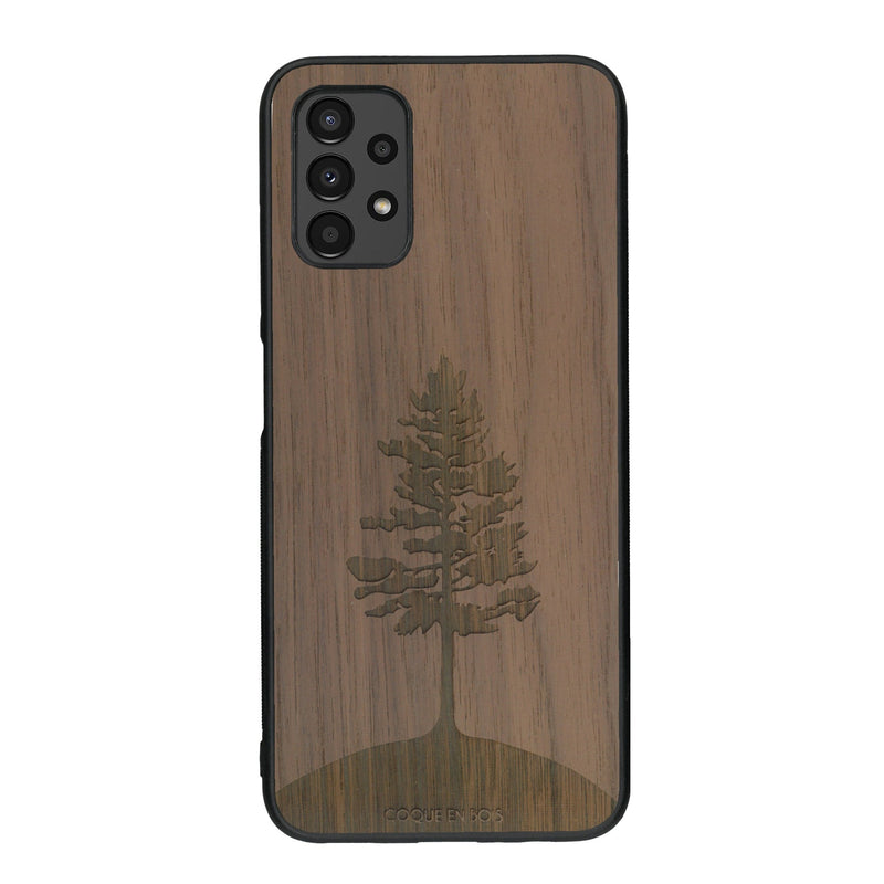 Coque de protection en bois véritable fabriquée en France pour Samsung A13 sur le thème de la nature, de la fôret et de l'écoresponsabilité avec une gravure représentant un arbre 