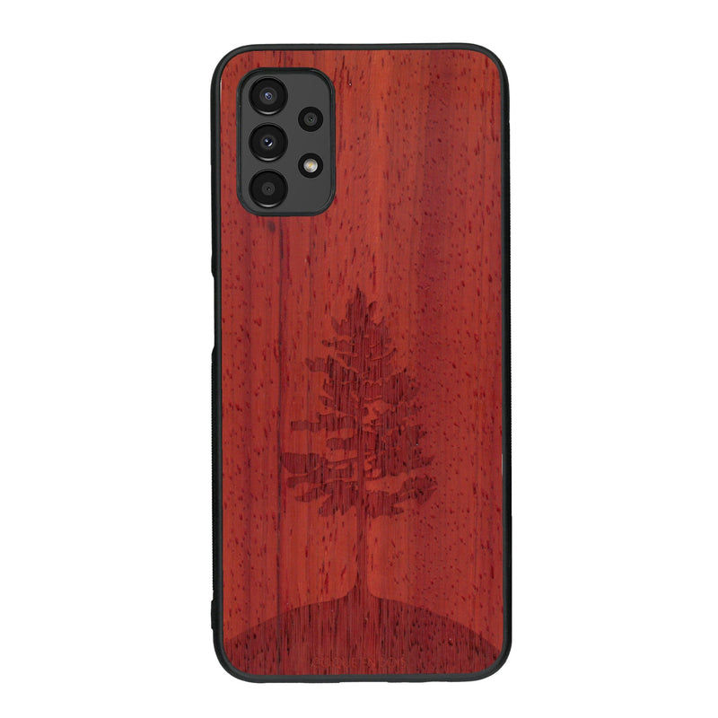 Coque de protection en bois véritable fabriquée en France pour Samsung A13 sur le thème de la nature, de la fôret et de l'écoresponsabilité avec une gravure représentant un arbre 