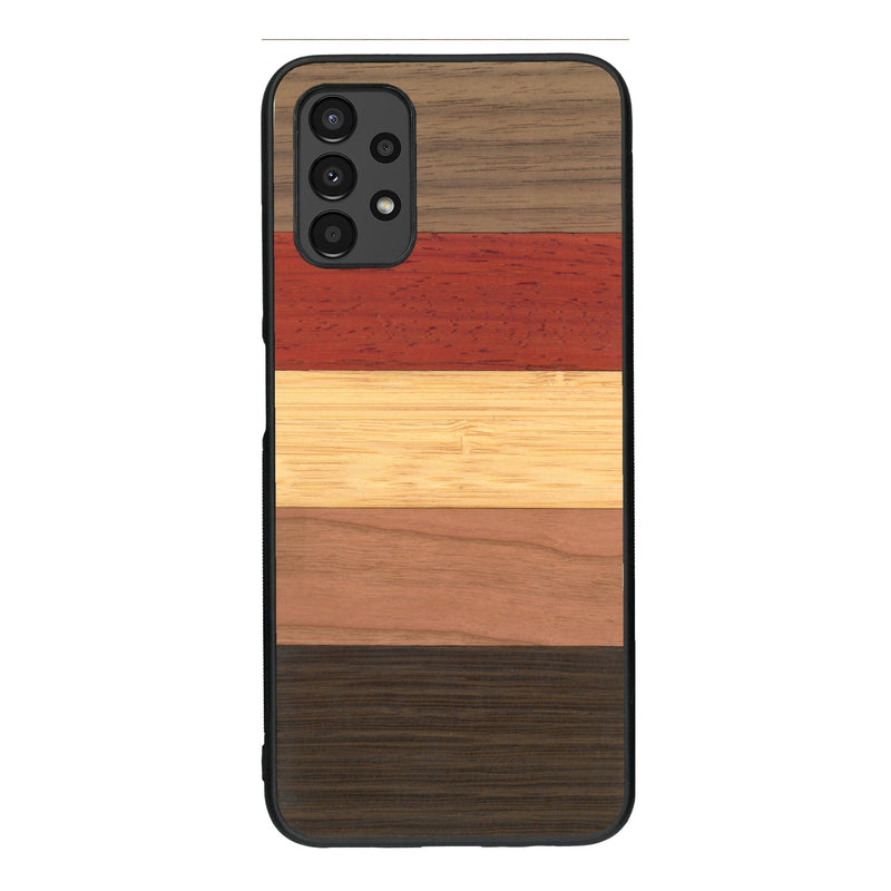 Coque de protection en bois véritable fabriquée en France pour Samsung A13 alliant des bandes horizontales de bambou, merisier, padouk, noyer et chêne fumé