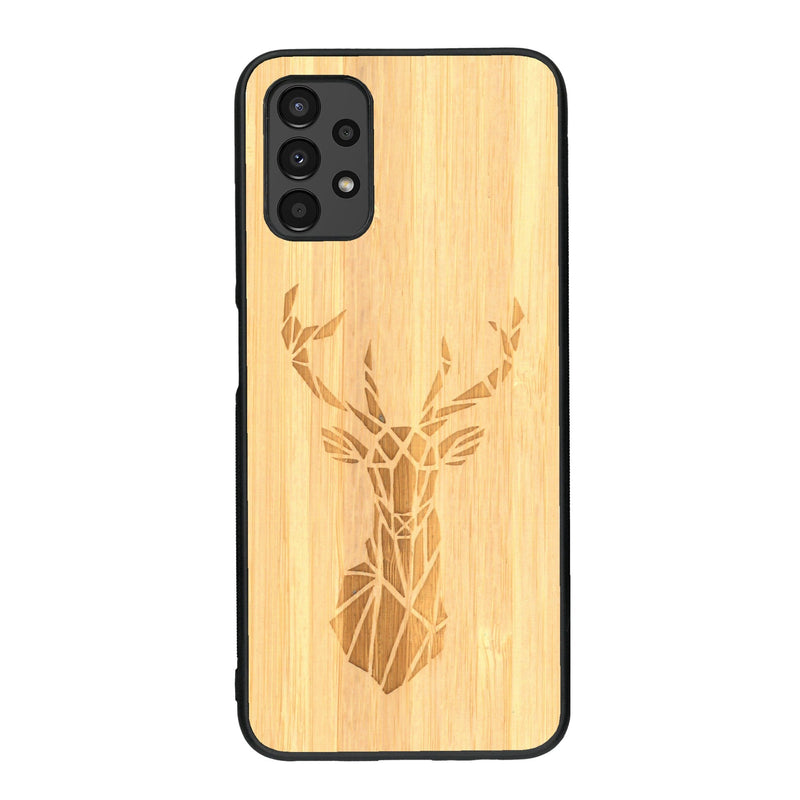 Coque de protection en bois véritable fabriquée en France pour Samsung A13 sur le thème de la nature et des animaux représentant une tête de cerf gométrique avec un design moderne et minimaliste