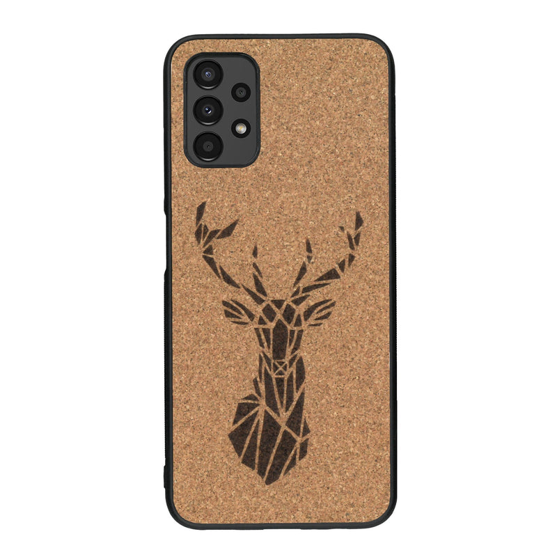 Coque de protection en bois véritable fabriquée en France pour Samsung A13 sur le thème de la nature et des animaux représentant une tête de cerf gométrique avec un design moderne et minimaliste