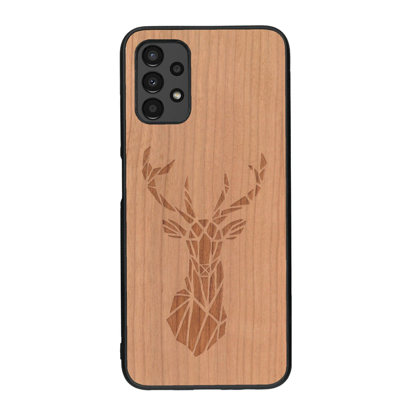 Coque de protection en bois véritable fabriquée en France pour Samsung A13 sur le thème de la nature et des animaux représentant une tête de cerf gométrique avec un design moderne et minimaliste