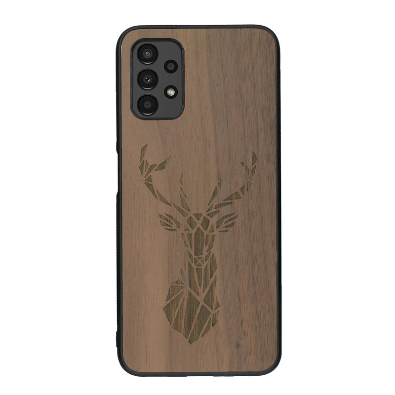 Coque de protection en bois véritable fabriquée en France pour Samsung A13 sur le thème de la nature et des animaux représentant une tête de cerf gométrique avec un design moderne et minimaliste