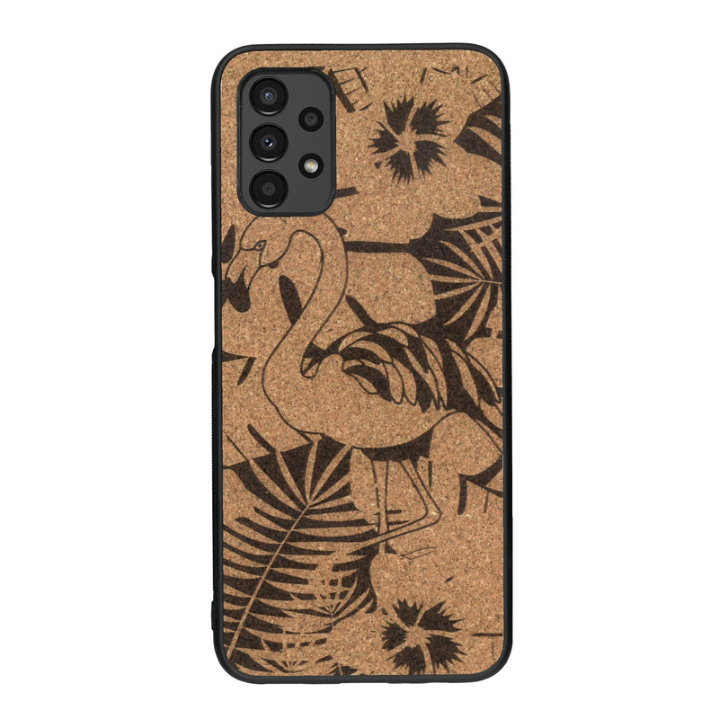 Coque de protection en bois véritable fabriquée en France pour Samsung A13 sur le thème de la nature et des animaux représentant un flamant rose entre des fougères