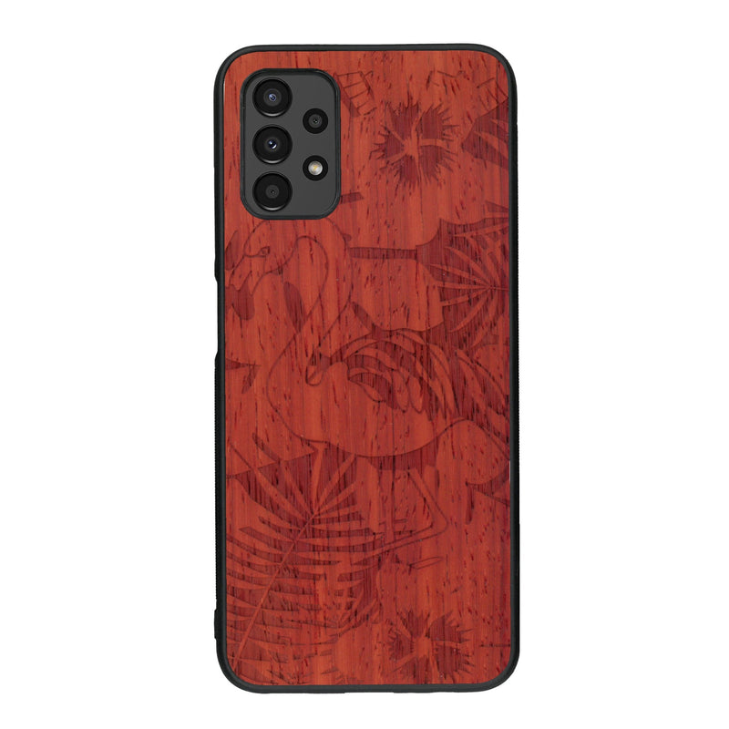 Coque de protection en bois véritable fabriquée en France pour Samsung A13 sur le thème de la nature et des animaux représentant un flamant rose entre des fougères