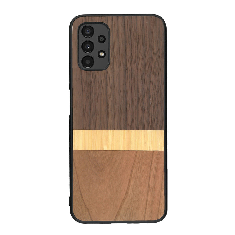 Coque de protection en bois véritable fabriquée en France pour Samsung A13 alliant des bandes horizontales de bambou, merisier et noyer