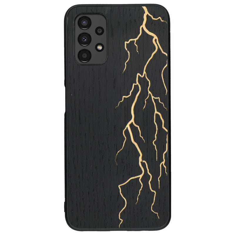 Coque de protection en bois véritable fabriquée en France pour Samsung A13 alliant plusieurs essences de bois pour représenter un éclair divin