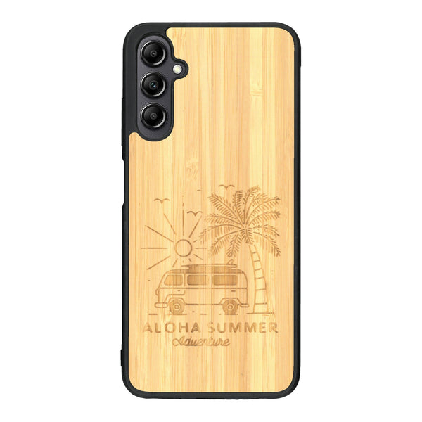 Coque de protection en bois véritable fabriquée en France pour Samsung A14 sur le thème de la plage, de l'été et vanlife.