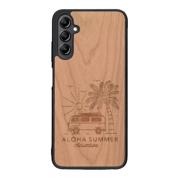 Coque de protection en bois véritable fabriquée en France pour Samsung A14 sur le thème de la plage, de l'été et vanlife.