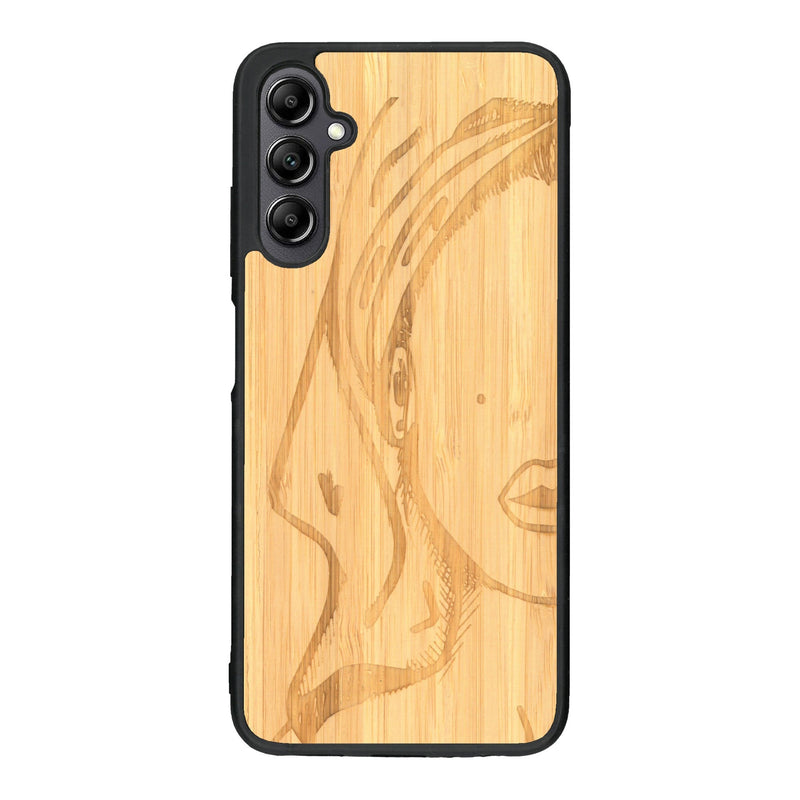 Coque de protection en bois véritable fabriquée en France pour Samsung A14 représentant une silhouette féminine épurée de type line art en collaboration avec l'artiste Maud Dabs